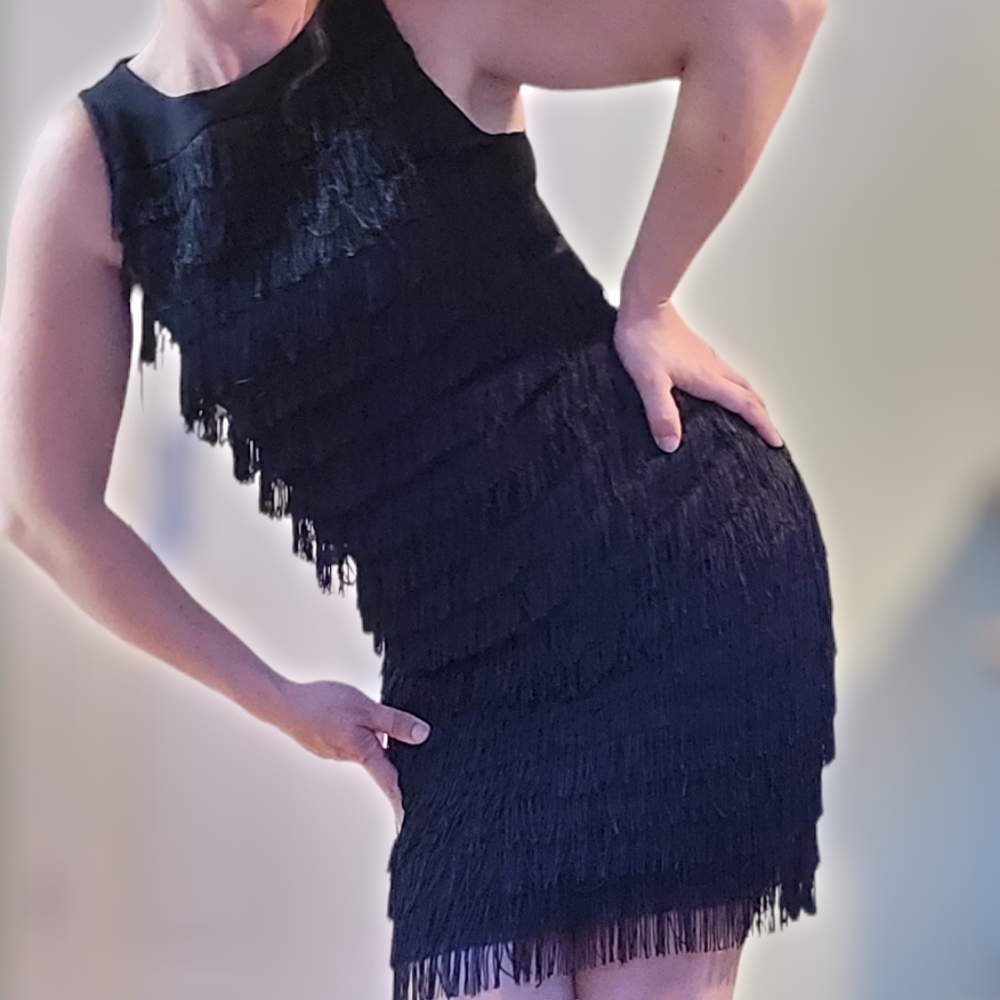 Two Piece Black Suede Fringe top and skirt